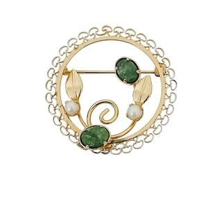Vintage OOR Sign 12K Gold Filled Floral Openwork Pin Brooch Faux Pearl Jadeite